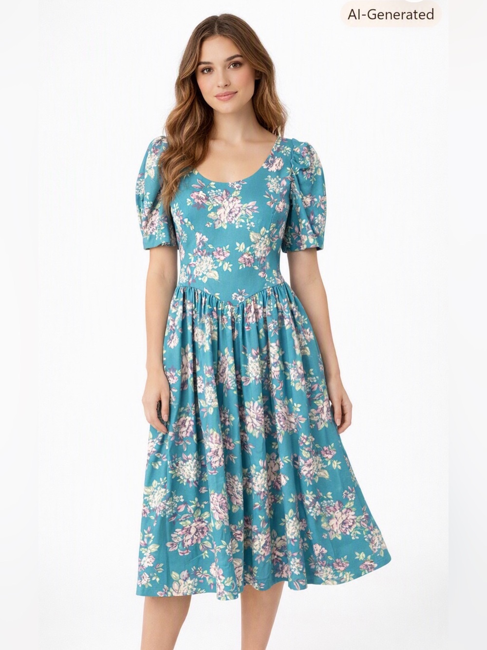 Vintage 1980s Laura Ashley Blue Teal Floral Tea Party Flared Dress